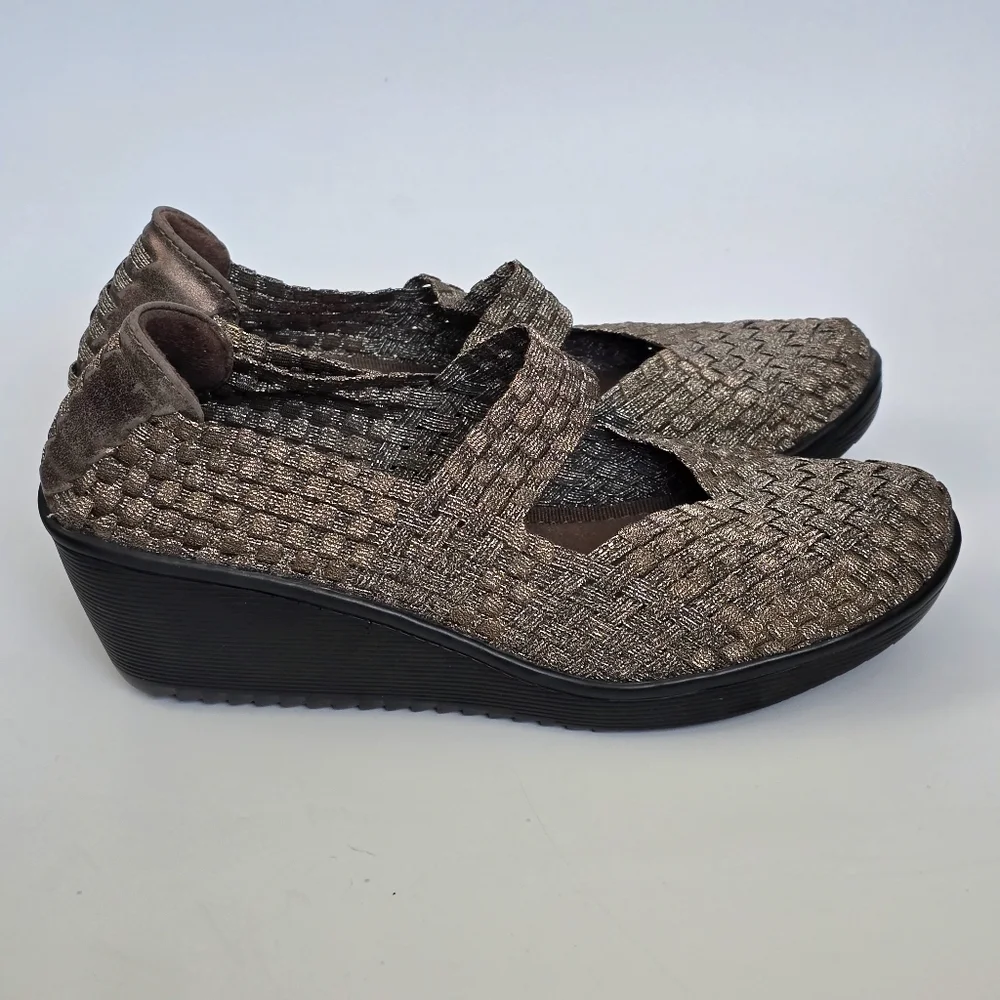 Bare Traps Ursala Bronze Metallic Woven Mary Jane Wedge Heels Shoes Size 7½